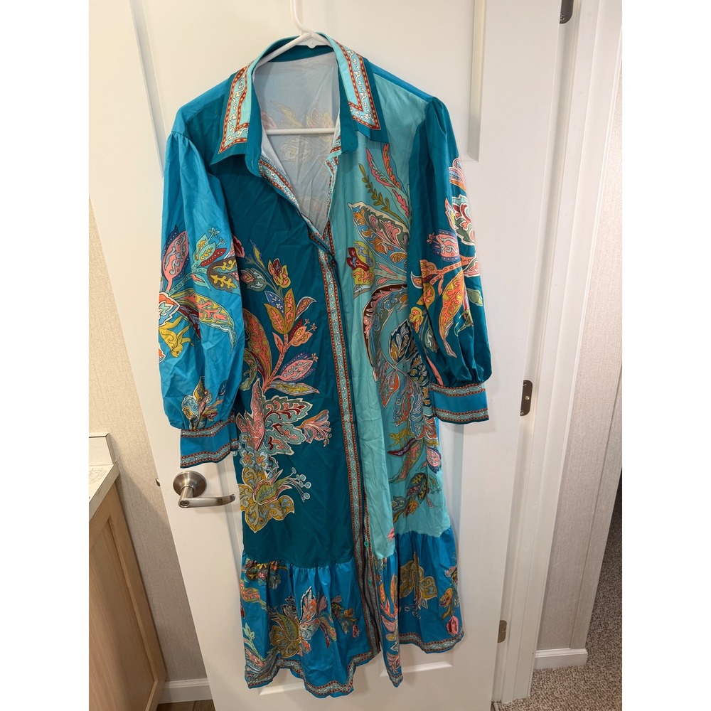 Boho Floral Paisley Maxi Shirt Dress Teal Turquoise Puff Sleeve Tiered Ruffle M